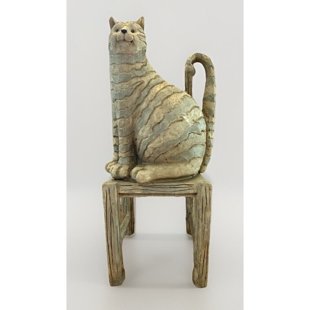 Rustic Folk Art Cat Sculpture Chair Heavy Resin Figurine Farmhouse Decor 9.2"x4”